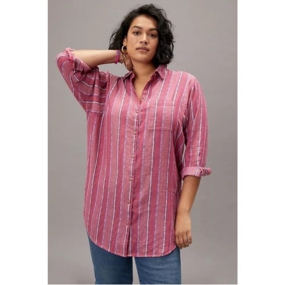 Pilcro x Anthropologie Bo Boyfriend Metallic Stripe Button Front Shirt - Picture 2 of 15